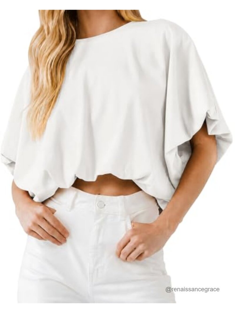Bubble Hem Crop Top Short Sleeve Crewneck Loose Fit Cotton Blend Tee